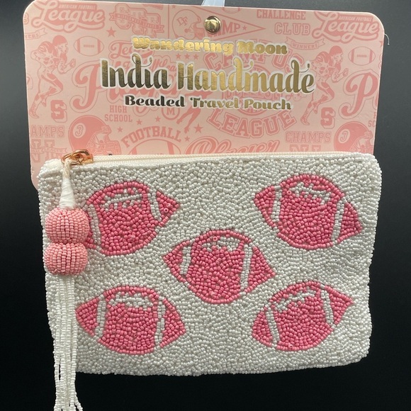 Wandering Moon Handbags - Wandering Moon Pink Football Beaded Travel Pouch Coin Purse Handmade in India